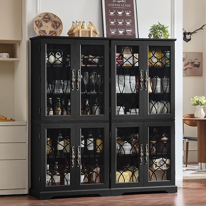 67" Tall Pantry Cabinet Set of 3, Vintage Kitchen Pantries Cabinets with Glass Doors & Adjustable Shelves, Wood Cupboard with Large Storage for Dingning Room, Bathroom, Black