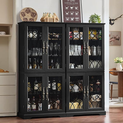 67" Tall Pantry Cabinet Set of 3, Vintage Kitchen Pantries Cabinets with Glass Doors & Adjustable Shelves, Wood Cupboard with Large Storage for Dingning Room, Bathroom, Black