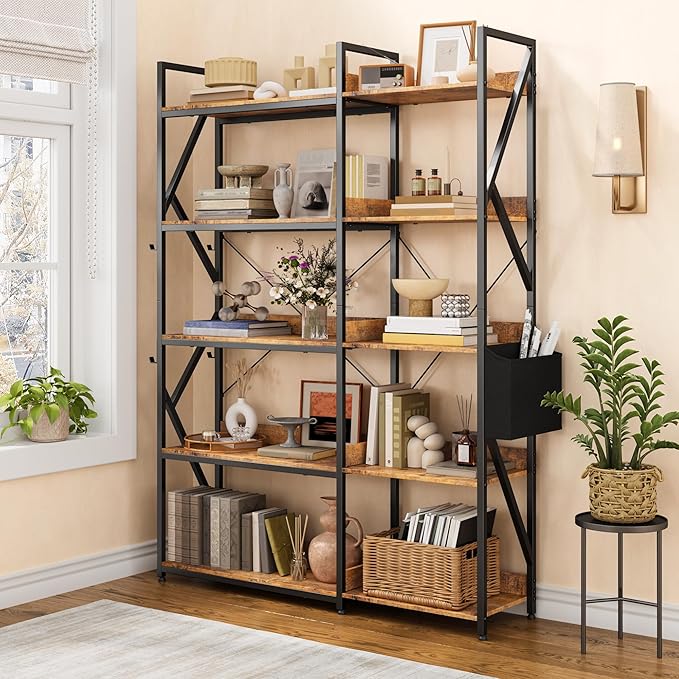 Gizoon 5 Tier Corner Bookshelf, 65" H Reversible Bookshelf, Industrial Bookcase with 4 Hooks and Storage Basket, Sturdy Metal Frame, Adjustable Feet, for Living Room, Kitchen, Office, Retro
