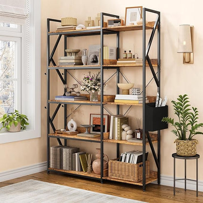 Gizoon 5 Tier Corner Bookshelf, 65" H Reversible Bookshelf, Industrial Bookcase with 4 Hooks and Storage Basket, Sturdy Metal Frame, Adjustable Feet, for Living Room, Kitchen, Office, Retro