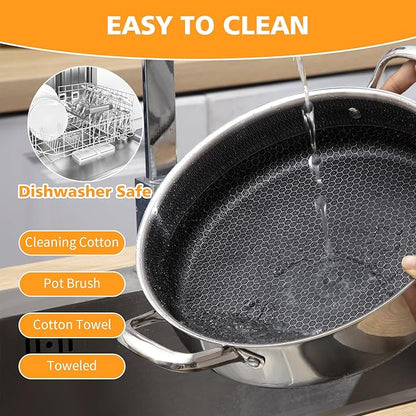 Stainless Steel Saute Pan 12 inch Deep Frying Pan,5 Quarts Nonstick Skillet Large Sauté Pan with Lid,PFOA Free Cookware,Induction Compatible Chef Cooking Pan,Dishwasher & Oven Safe