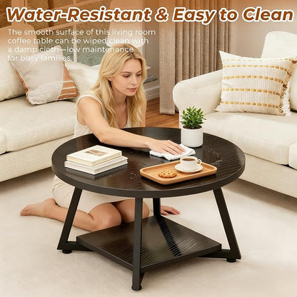 Round Coffee Table for Living Room, 27.6“ Circle Coffee Table, 2-Tier Industrial Coffee Tables with Storage, Wood Coffee Table, Modern Accent Table for Apartment, Office, Small Space, Black