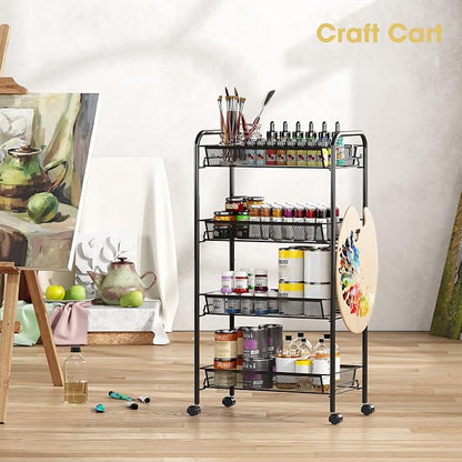 TOOLF 4-Tier Rolling Cart, Metal Utility Cart with 3 Hooks, Easy Assemble Mobile Storage Trolley On Wheels, Metal Shelving Units Kitchen Bathroom Laundry Room