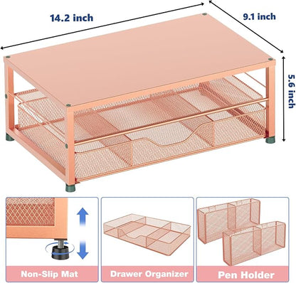 OPNICE Desk Organizers and Accessories, 2-Tier Computer Monitor Stand with Drawer and 2 Pen Holders, Laptop Stand, Office Desk Accessories for Office Supplies, Rose Gold