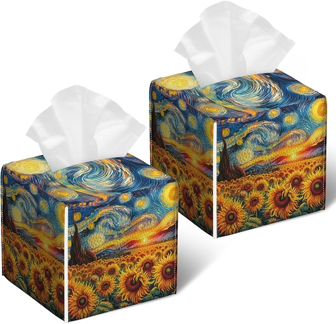 Starry Night Sunflower Tissue Box Cover 2PCS, Leather Tissue Box Holder Square Facial Paper Case Tissue Box Cube Organizer for Bathroom Bedroom Desk Office