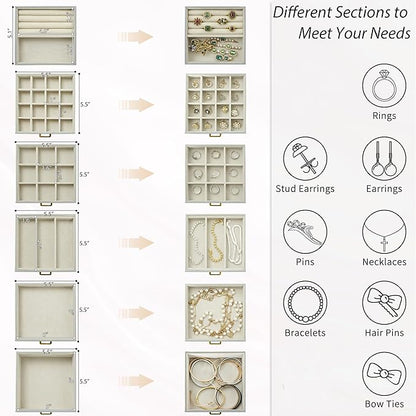 AKOZLIN Functional 6-Tier Jewelry Box Organizer with 5 Drawers Leather Jewelry Storage Case for Women Girls Ring Necklace Earring Bracelet Holder Organizer with Mirror Grey