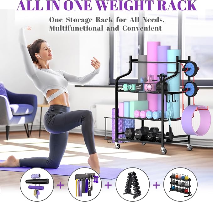 Mythinglogic Yoga Mat Storage Racks,Home Gym Storage Rack for Dumbbells Kettlebells Foam Roller, Yoga Strap and Resistance Bands, Workout Equipment Storage Organizer With Hooks and Wheels