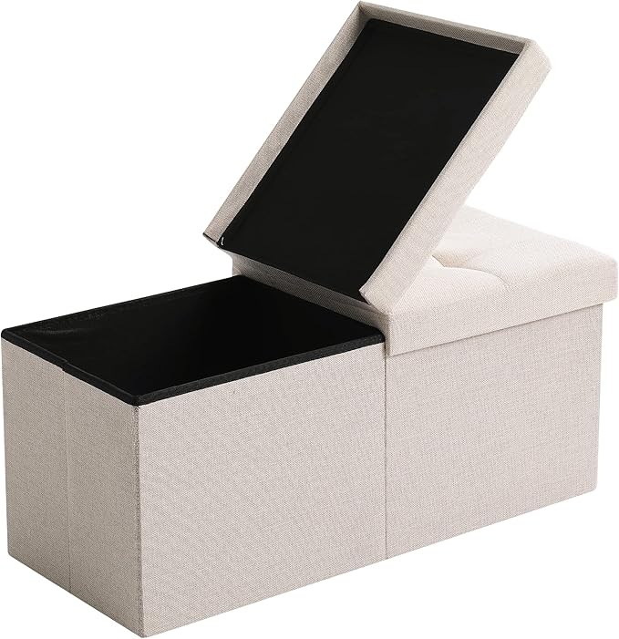 CUYOCA Storage Ottoman Bench Foldable Seat Footrest End of Bed Ottoman with Flipping Lid for Living Room, 75L, 30 inches Linen Fabric Beige