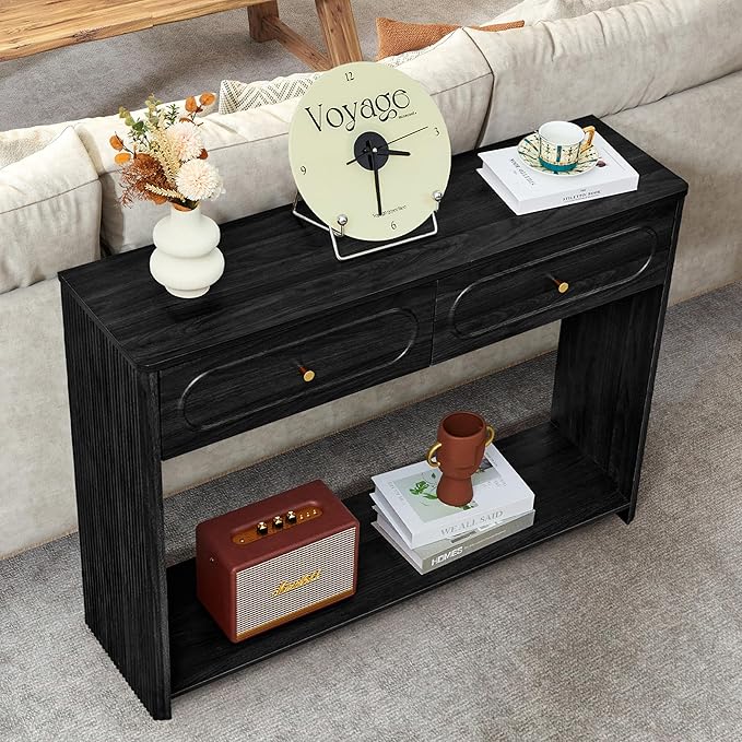 ORRD Fluted Console Table with Drawers, Mid-Century Narrow Entryway Table with Open Storage Shelves, Hallway Accent Tables Behind Couch Tables for Living Room (Black)