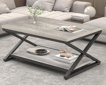 HSH Rustic Grey Coffee Table, Modern Minimalist Living Room Table with Storage Shelf, Industrial Simple Metal Wooden Center Table, 2 Tier Rectangle Cocktail Tea Table for Home Office Bedroom, 39 Inch