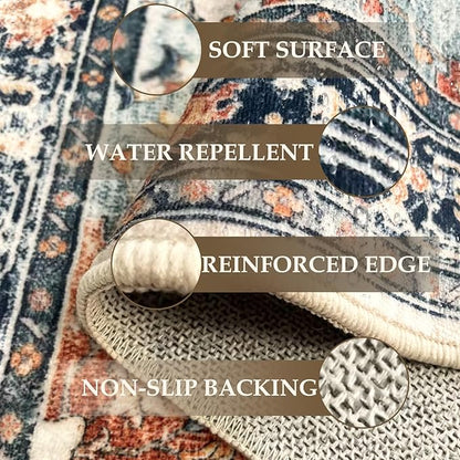 RELEANY Area Rugs 3'x5' Washable Non-Slip, Floral Vintage Distress Medallion Carpet for Living Room Bedroom Dining Room, Beige Navy Blue Orange Colorful