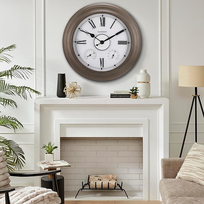 CLXEAST Illuminated Outdoor Clocks Waterproof 24 Inch with Smart Sensor, Large Metal Wall Clocks with Temperature and Humidity for Living Room Decor,Garden Patio,Grey Oak/Faux Barnwood Finish