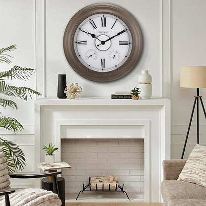 CLXEAST Illuminated Outdoor Clocks Waterproof 24 Inch with Smart Sensor, Large Metal Wall Clocks with Temperature and Humidity for Living Room Decor,Garden Patio,Grey Oak/Faux Barnwood Finish