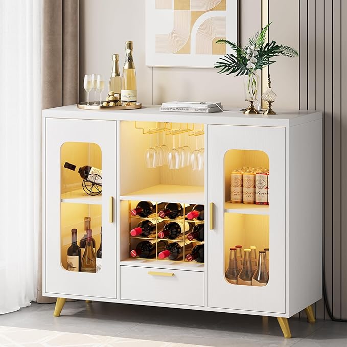Bar Cabinet with Power Outlets, Modern Coffee Bar Sideboard with LED Light, Farmhouse Liquor Cabinet with Wine Rack, Glass Holder & Wine Storage, White