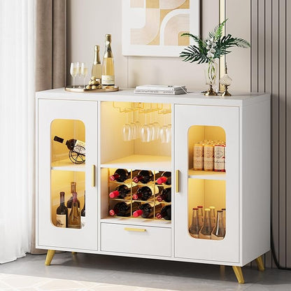 Bar Cabinet with Power Outlets, Modern Coffee Bar Sideboard with LED Light, Farmhouse Liquor Cabinet with Wine Rack, Glass Holder & Wine Storage, White