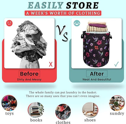 Beautiful Hummingbird Hibiscus Flower Laundry Basket Foldable With Handles Tote Bag Oxford Cloth Colorful Laundry Hamper Clothes Storage Bucket For Bathroom/Laundry/Bedroom 18.9" x 16.5 "