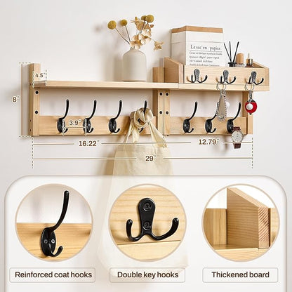 28.9" Wall Hanger Coat Rack Key Holder Wall Mount with Shelf,11Shelf with Coat Hooks Wall Mount, Coat Hangers for Bathroom, Living Room, Bedroom (Wood Color)