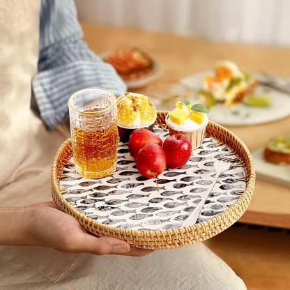 Round Rattan Tray with Mother of Pearl Inlay, Rattan Serving Tray for Coffee, Bread, Fruits, Decorative Wicker Tray for Table Decor, Home Decor, Kitchen Island Decor (Dark Blue Fish, 11.8")