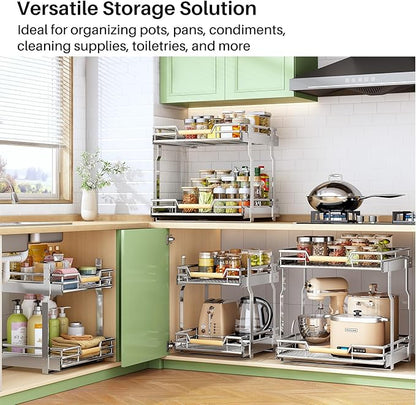 Pull out Cabinet Organizer, 2 Tiers 17"W X 21"D, Heavy Duty Smooth Sliding Under Cabinet Shelves for Pots and Pans, Full-Extension Roll out Drawers, Slide out Organization for Home Kitchen Pantry