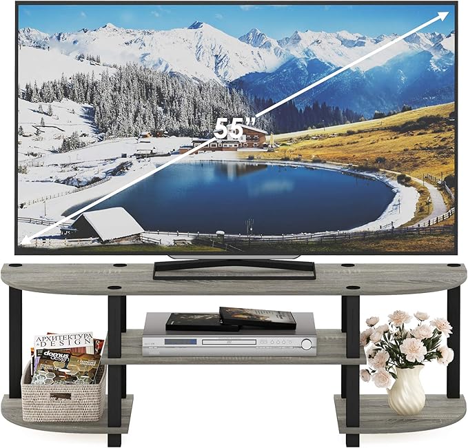 Furinno Turn-S-Tube Toolless Assembly TV Stand for TV up to 55 Inch, 3-Tier Grey Entertainment Center, TV Console for Living Room, Bedroom, Home Office, Grey Oak