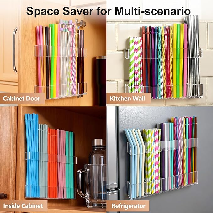 9.5” Large Acrylic Straw Holder for Cabinet Door, Reusable Adjustable Two-Part Straws Organizer with Ultra Sticky Adhesive Strips, 2026 Straw Storage for Kitchen Cupboard (Transparent)