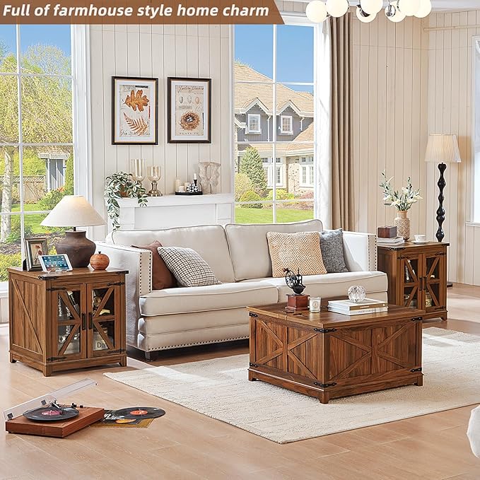 Farmhouse Coffee Table Set, 3 Pieces: Large End Side Tables with Charging Station and Coffee Table with Hidden Storage Compartment, Brown Wood Furniture Sets for Home Office