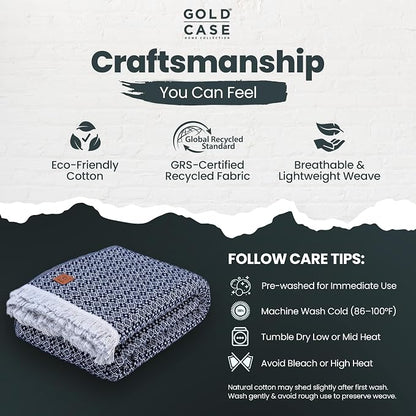 Gold Case Throw Blanket for Bed - 100% Recycled Turkish Cotton Blanket - Retro Lightweight Soft Throw Blankets for Bed & Living Room - Queen Size Cozy Blankets - 90x90 - Navy Blue