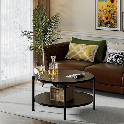 27.5x27.5x17.7in Round Coffee Table with 2 Tiers - Black Modern Coffee Table for Living Room, Small Space Friendly (Sturdy Metal Frame, Easy Assembly)