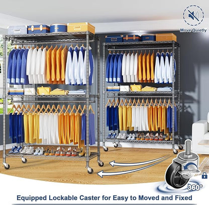 P8 Heavy Duty Clothes Rack（With Extended Width Design） Rolling Clothing Racks for Hanging Clothes，Portable Garment Rack with Lockable Wheels，51.2" W x 15.8" D x 80.5" H，Max Load 700LBS，Grey