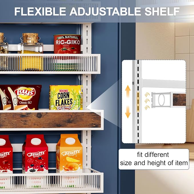 6 Tier Pantry Door Organizer Spice Rack, 2-IN-1 Wall Mount or Hanging Over Door Seasoning Organizer with Adjustable Baskets, Heavy Duty Behind Door Storage Shelves for Pantry, Cabinet and Kitchen