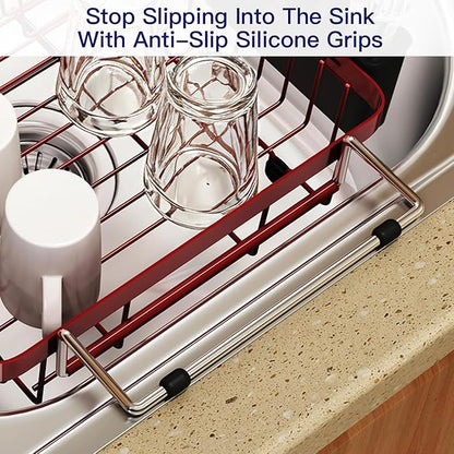 MAJALiS Red Dish Drying Rack Over The Sink with Utensil Holder, Mat | Expandable Stainless Steel Dish Drainer for Small Kitchen, Apartment, RV, Counter Space Saving, Perfect Fit, Rustproof