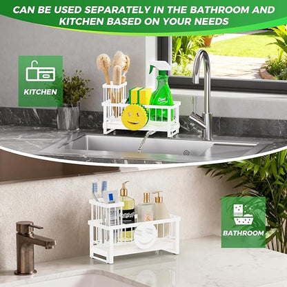 Taugast Sponge Holder for Kitchen Sink,Sink Caddy with Removable Dish Brush Holder,Self-Draining Kitchen Countertop Organizers and Storage Essentials,Soap Dispenser Organize and Home Decor-White