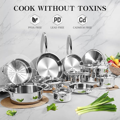 EWFEN Stainless Steel Cookware Set, 3 Ply 17 Piece Stainless Steel Pot and Pan Set, Oven Dishwasher Safe | Induction Compatible Frying Pans, Saucepans, Saute Pan & Stock Pot, PFOA, PTFE & PFOS Free