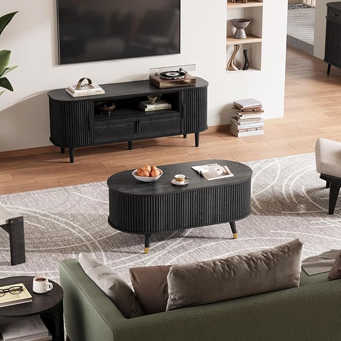 SULIVES Oval Coffee Table with Storage, Multifunctional Coffee Table with Lifting Top, Small Fluted Center Table for Living Room, Black