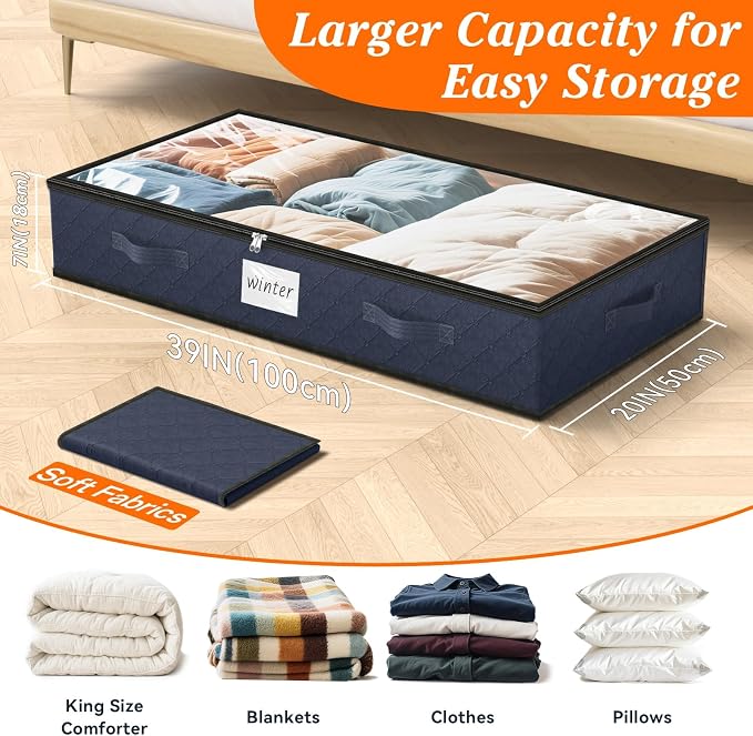 SpaceWhisper 90L Under Bed Storage Containers, 4-Pack Storage Bins with Clear Top, Foldable Closet Organizers and Storage with Label Holder for Clothing, Blankets, Comforter & Pillows(Blue)
