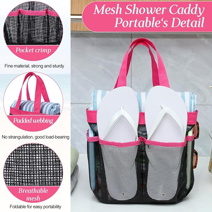 Hillban 4 Pcs Mesh Shower Caddy Portable Shower Caddy for Dorm Beach Mesh Bags with Deeper 8 Pockets and Handles Showers Caddies Basket for Women College Room Vacation(Rose Red)