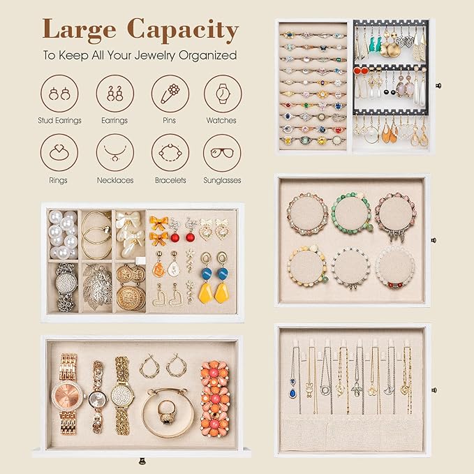 Honiway Jewelry Box for Women, 5 Layer Rustic Wooden Jewelry Organizer with Glass Window, 4 Drawers, Mirror, Large Jewelry Storage Display for Earrings Rings Necklaces Bracelets (Weathered White)