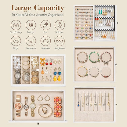 Honiway Jewelry Box for Women, 5 Layer Rustic Wooden Jewelry Organizer with Glass Window, 4 Drawers, Mirror, Large Jewelry Storage Display for Earrings Rings Necklaces Bracelets (Weathered White)