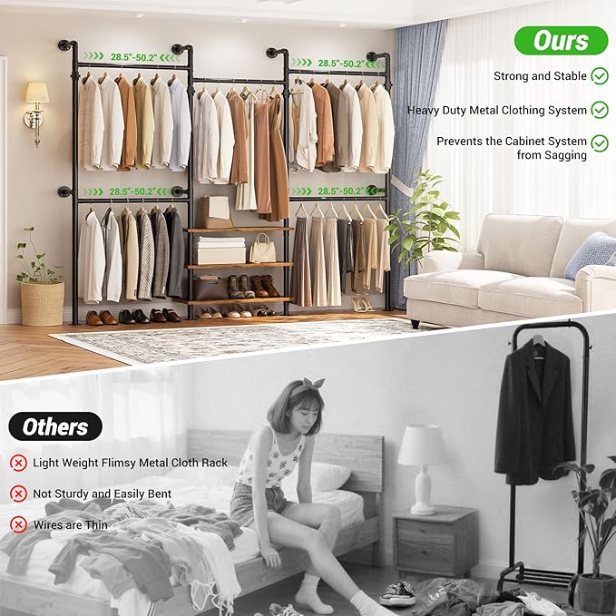 Aheaplus Expandable Industrial Pipe Clothing Rack, 7.3-10.9Ft Wall Mounted Closet System, Reversible L Shaped Clothes Rack for Hanging Clothes, Heavy Duty Walk-in Corner Wardrobe Closet, Rustic Brown