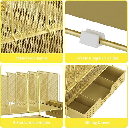 Gold Desk Organizer, Office Organization with Vertical File Holder, File Organizer with Drawer and Pen Holder, Desk Accessories and Workspace Organizers for Home Office (Gold)