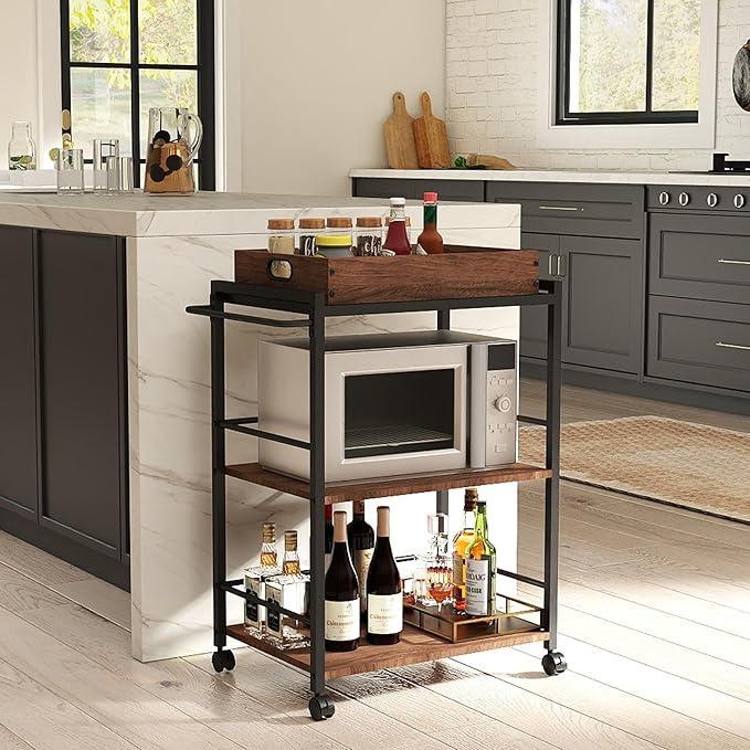 3 Tier Kitchen Cart, Rolling Bar Cart for Tea, Coffee, Liquor, and Drink Service with Removable Serving Detachable Server, Walnut