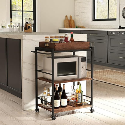 3 Tier Kitchen Cart, Rolling Bar Cart for Tea, Coffee, Liquor, and Drink Service with Removable Serving Detachable Server, Walnut