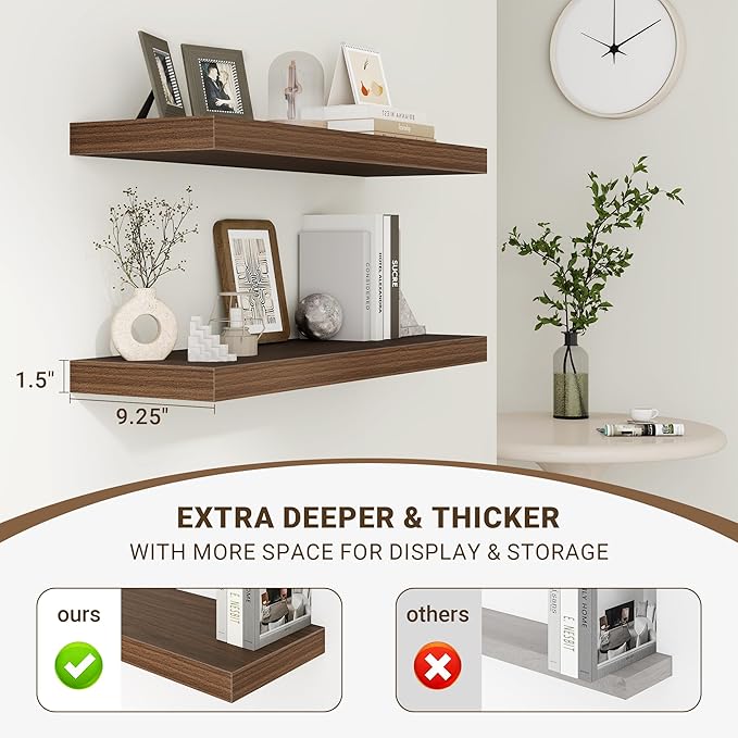 Acovy 48 Inch Floating Shelves, 48"x9.25"x1.5" Inch Deep Floating Shelves for Wall, Wooden Shelves for Bathroom, Bedroom, Living Room, Walnut, 1 Piece