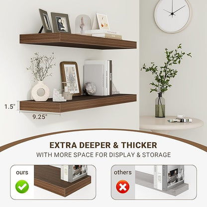 Acovy 36 Inch Floating Shelves, 36"x9.25"x1.5" Inch Deep Floating Shelves for Wall, Wooden Shelves for Bathroom, Bedroom, Living Room, Walnut, 2 Pieces