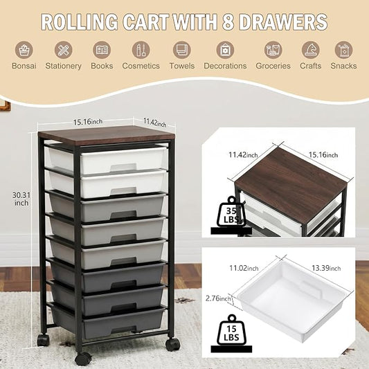 Rolling Cart with 8 Drawers, Storage Drawers Cart with Wooden Tabletop and Lockable Wheels, Craft Storage for Living Room, Office, Classroom, Craft Room, Bedroom (Gray)