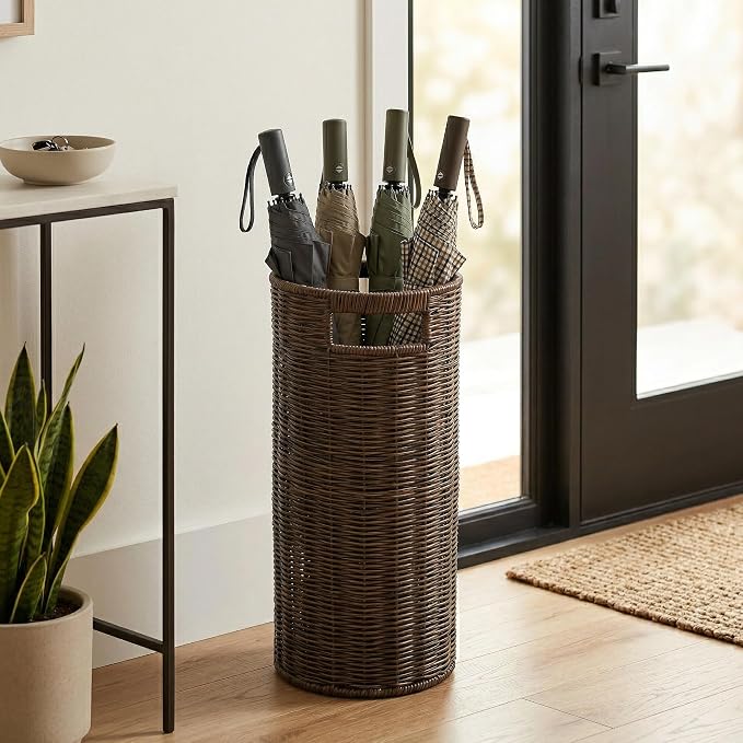 Rattan Umbrella Holder for Entryway with Drip Tray, 21''H Round Umbrella Stand for Indoor & Outdoor, Tall Wicker Basket for Storage, Woven Organizer for Home, Office, Hotel, Shop, Brown