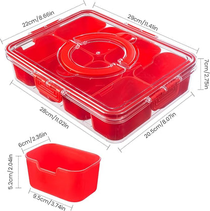 Divided Serving Tray with Lid and Handle - Snackle Box Charcuterie Container for Portable Snack Platters Organizer for Candy, Fruits, Nuts, Snacks - Perfect for Party, Entertaining, Red