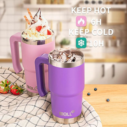 Kids 16 oz Tumbler with Handle-Stainless Steel Double Wall Vacuum Insulated Water Cup with Lid and Straw, Leak Proof- BPA Free, Purple