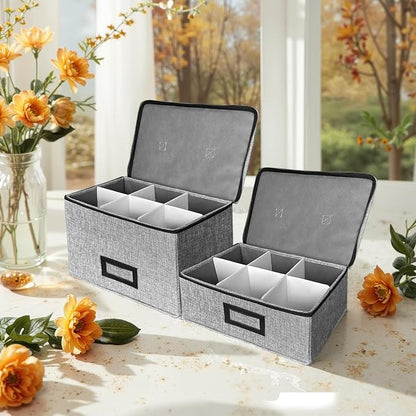 HURZMORO Stemware Storage Cases, Wine Glass Storage Box Containers for Glassware or Crystal, Holds 6 Red or White Glasses, Hard Top and Sides (Grey, Mug and Wine Glass Storage Box, 6 Compartments)