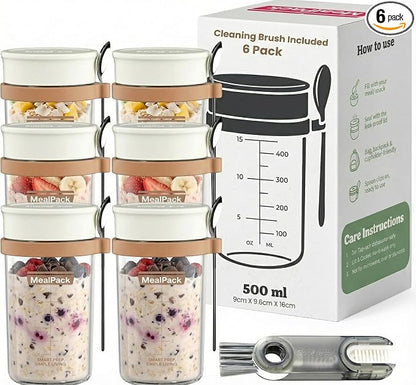 Overnight Oats Containers with Lids and Spoons – 17oz Glass Jars for Yogurt, Chia Pudding & Meal Prep – Leakproof Airtight Mason Jar Set – Portable Breakfast Food Storage with Cleaning Brush